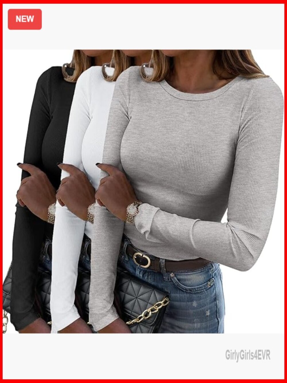 Long Sleeve Ribbed Crewneck T-Shirt Slim Fit Stretch 3 Pack